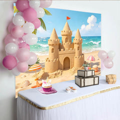 Lofaris Vibrant Beach Sandcastle Photography Backdrop with Ocean Waves and Palm Tree, Summer Vacation Background for Studio Photoshoot