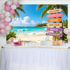 Lofaris Vibrant Tropical Beach Photography Backdrop with Palm Trees and Ocean, Colorful Wooden Signpost and Seashells Summer Vacation