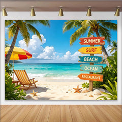 Lofaris Tropical Summer Beach Photography Backdrop with Palm Trees and Ocean, Vibrant Vacation Party Background for Photoshoot