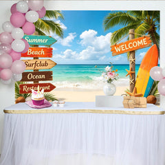 Lofaris Vibrant Summer Beach Photography Backdrop with Palm Trees and Surfboard, Tropical Ocean Scene Background for Vacation Party Decor