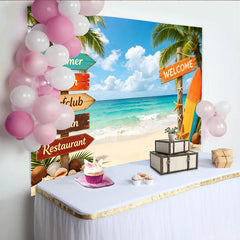 Lofaris Vibrant Summer Beach Photography Backdrop with Palm Trees and Surfboard, Tropical Ocean Scene Background for Vacation Party Decor