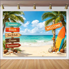 Lofaris Vibrant Summer Beach Photography Backdrop with Palm Trees and Surfboard, Tropical Ocean Scene Background for Vacation Party Decor