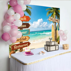 Lofaris Vibrant Summer Beach Photography Backdrop with Palm Trees and Surfboards, Tropical Ocean View Background for Vacation Decor