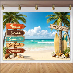 Lofaris Vibrant Summer Beach Photography Backdrop with Palm Trees and Surfboards, Tropical Ocean View Background for Vacation Decor
