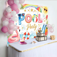 Lofaris Watercolor Summer Pool Party Birthday Backdrop with Flamingo and Donut Floats, Festive Photography Background for Kids Celebration