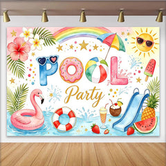 Lofaris Watercolor Summer Pool Party Birthday Backdrop with Flamingo and Donut Floats, Festive Photography Background for Kids Celebration