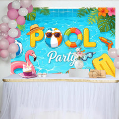 Lofaris Vibrant Cartoon Summer Pool Party Photography Backdrop, Featuring Tropical Leaves and Fun Floats for Studio Photoshoot.
