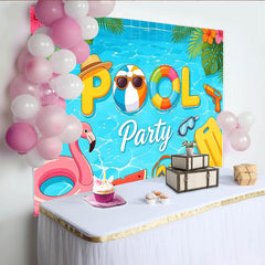 Lofaris Vibrant Cartoon Summer Pool Party Photography Backdrop, Featuring Tropical Leaves and Fun Floats for Studio Photoshoot.