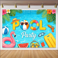 Lofaris Vibrant Cartoon Summer Pool Party Photography Backdrop, Featuring Tropical Leaves and Fun Floats for Studio Photoshoot.