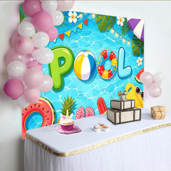 Lofaris Cartoon Pool Birthday Backdrop with Inflatable Letters and Summer Floats, Vibrant Party Background for Kids Celebration and Photoshoot
