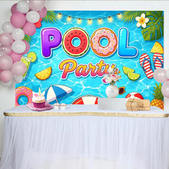 Lofaris Vibrant Cartoon Pool Party Backdrop with Summer Elements, Fun Photography Background for Kids and Adults