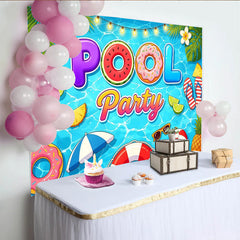 Lofaris Vibrant Cartoon Pool Party Backdrop with Summer Elements, Fun Photography Background for Kids and Adults