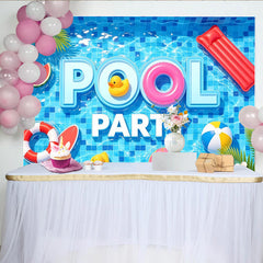 Lofaris Vibrant Blue Pool Party Photography Backdrop with Summer Floats and Palm Leaves, Fun Water Background for Event Photoshoot