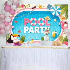 Lofaris Tropical Summer Pool Party Backdrop with Flamingo and Palm Leaves, Vibrant Photo Background for Beach Themed Celebration