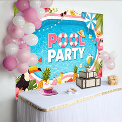 Lofaris Tropical Summer Pool Party Backdrop with Flamingo and Palm Leaves, Vibrant Photo Background for Beach Themed Celebration