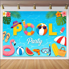 Lofaris Vibrant Blue Summer Pool Party Backdrop with Flamingo, Tropical Festive Background for Photoshoot and Decor.