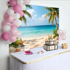 Lofaris Tropical Beach Photography Backdrop with Palm Trees String Lights, Vibrant Ocean Background for Summer Vacation