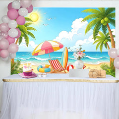 Lofaris Cartoon Summer Beach Photography Backdrop with Palm Trees and Ocean, Vibrant Tropical Background for Kids Party and Studio Photoshoot.