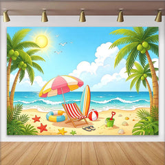 Lofaris Cartoon Summer Beach Photography Backdrop with Palm Trees and Ocean, Vibrant Tropical Background for Kids Party and Studio Photoshoot.