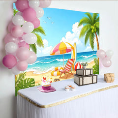 Lofaris Vibrant Summer Beach Photography Backdrop with Palm Trees and Ocean Waves, Ideal Tropical Vacation Photo Background for Party Decor