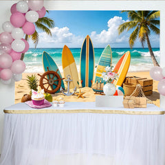 Lofaris Vibrant Tropical Beach Photography Backdrop with Surfboards and Palm Trees, Summer Vacation Background for Party Decor