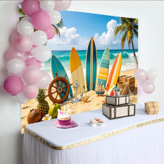 Lofaris Vibrant Tropical Beach Photography Backdrop with Surfboards and Palm Trees, Summer Vacation Background for Party Decor