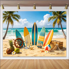 Lofaris Vibrant Tropical Beach Photography Backdrop with Surfboards and Palm Trees, Summer Vacation Background for Party Decor