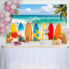 Lofaris Colorful Surfboard Beach Photography Backdrop with Ocean Waves, Ideal Summer Photo Background for Tropical Party Decor