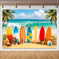 Lofaris Colorful Surfboard Beach Photography Backdrop with Ocean Waves, Ideal Summer Photo Background for Tropical Party Decor
