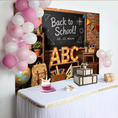 Lofaris Rustic Brick Wall Back to School Backdrop with Chalkboard and ABC Letters, Educational Photography Background for Classroom Decor