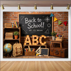 Lofaris Rustic Brick Wall Back to School Backdrop with Chalkboard and ABC Letters, Educational Photography Background for Classroom Decor