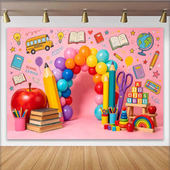 Lofaris Colorful Back To School Backdrop with Balloons and School Bus, Educational Photo Background for Classroom Decor