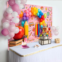 Lofaris Pink Vibrant Back to School Photography Backdrop, Colorful Balloons and Apple,  Classroom Decor  for Kids Party