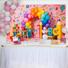 Lofaris Pink School Theme Birthday Backdrop with Rainbow Balloons and ABC Letters, Educational Party Decor for Kids Photoshoot