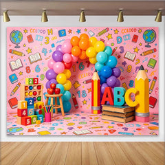 Lofaris Pink School Theme Birthday Backdrop with Rainbow Balloons and ABC Letters, Educational Party Decor for Kids Photoshoot
