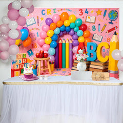 Lofaris Vibrant Back To School Backdrop with ABC Letters, Numbers and Balloons, Fun Photography Background for Classroom Decor