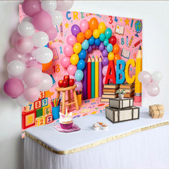 Lofaris Vibrant Back To School Backdrop with ABC Letters, Numbers and Balloons, Fun Photography Background for Classroom Decor