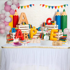 Lofaris Colorful School Photography Backdrop with Giant Pencils, Letters Books, Educational Classroom Background for Kids Photoshoot