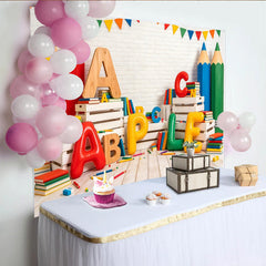 Lofaris Colorful School Photography Backdrop with Giant Pencils, Letters Books, Educational Classroom Background for Kids Photoshoot