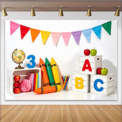 Lofaris Vibrant Back to School Backdrop with ABC Letters, Crayons and Apples, Educational Photography Background for Classroom Decor