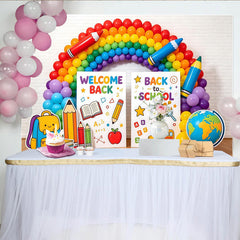 Lofaris Colorful Rainbow Back to School Backdrop with Welcome Back Signs, Educational Photo Background for Classroom Decor and Parties