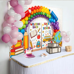 Lofaris Colorful Back To School Backdrop with Rainbow Balloons, Educational Theme Background for Classroom Decor and Party Supplies
