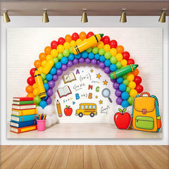 Lofaris Vibrant Rainbow Back To School Backdrop with Books and School Bus, Educational Photography Background for Classroom Decor