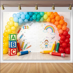 Lofaris Colorful School Photography Backdrop with ABC Blocks and Rainbow Balloons, Vibrant Background for Kids Photoshoot and Party