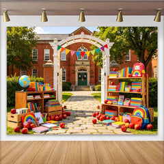 Lofaris Colorful Back to School Backdrop with Books and Apples, Rainbow Backpack Photography Background for Party Decor
