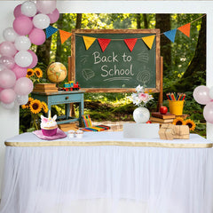 Lofaris Rustic Back to School Backdrop with Chalkboard and Colorful Bunting, Forest Photography Background for Autumn Learning Theme.