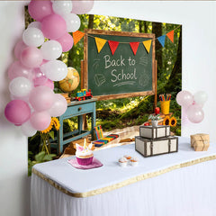 Lofaris Rustic Back to School Backdrop with Chalkboard and Colorful Bunting, Forest Photography Background for Autumn Learning Theme.