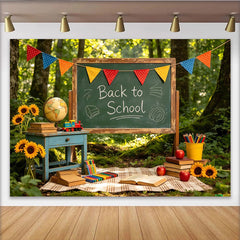 Lofaris Rustic Back to School Backdrop with Chalkboard and Colorful Bunting, Forest Photography Background for Autumn Learning Theme.