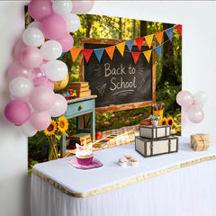Lofaris' Nostalgic Back to School Photography Backdrop with Blackboard and Books, Colorful Bunting Banner for Classroom Decor