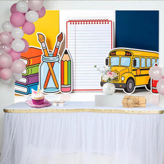 Lofaris Colorful Back To School Backdrop with Yellow Bus, Books, and Pencils, Educational Photography Background for Classroom Decor